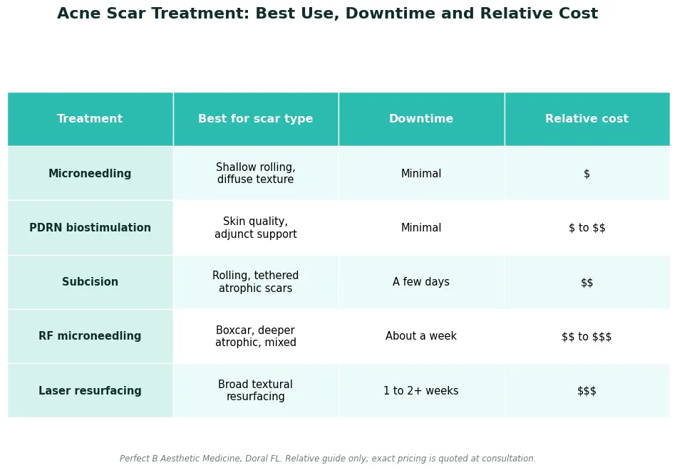 Perfect B - Blog - Acne Scar Treatment Cost - comparison chart of relative pricing tiers for common acne scar procedures