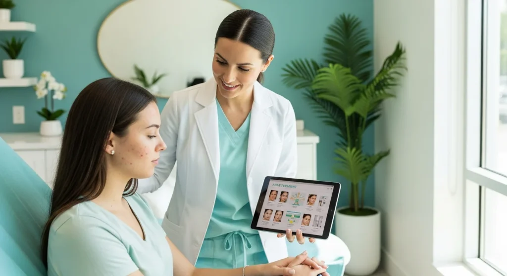 Perfect B - Blog - Acne Treatment Options Miami - Provider and patient reviewing acne treatment options in a modern Doral clinic