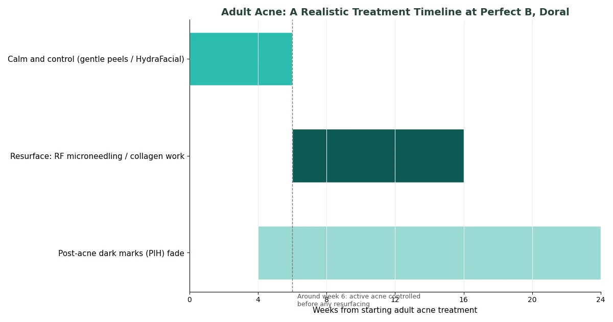 Perfect B - Blog - Adult Acne Treatment - Realistic week by week timeline chart of calming, resurfacing, and dark mark fading