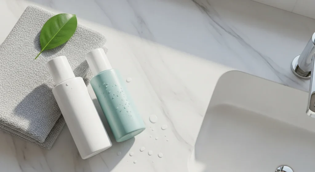 Perfect B - Blog - Benzoyl Peroxide vs Salicylic Acid - two acne treatment bottles on a bright Miami bathroom counter