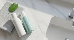 Perfect B - Blog - Benzoyl Peroxide vs Salicylic Acid - two acne treatment bottles on a bright Miami bathroom counter
