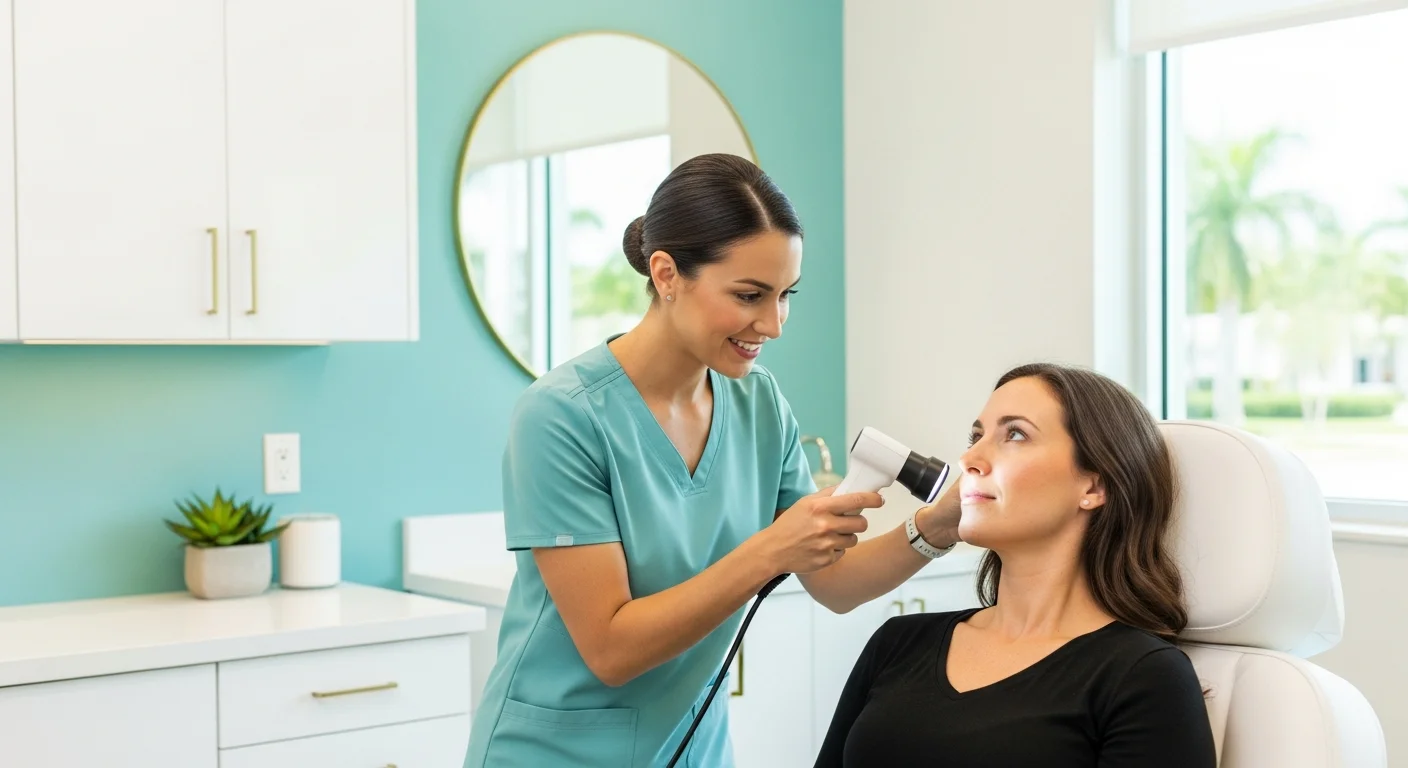 Perfect B - Blog - Benzoyl Peroxide vs Salicylic Acid - nurse practitioner examining a patient's skin at Perfect B in Doral