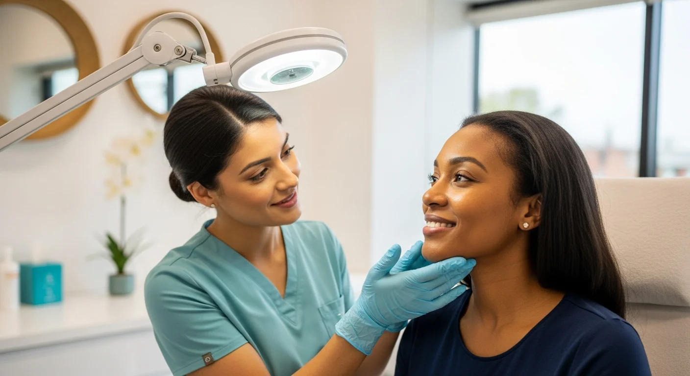 Perfect B - Blog - Post-Acne Dark Marks - Provider performing a Fitzpatrick-matched pigment consultation for skin of color in Doral