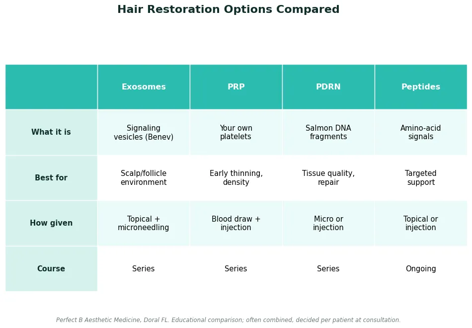 Perfect B - Blog - Exosomes for Hair Loss - chart comparing exosomes, PRP, PDRN, and peptides for hair by source, delivery, evidence, and session pattern