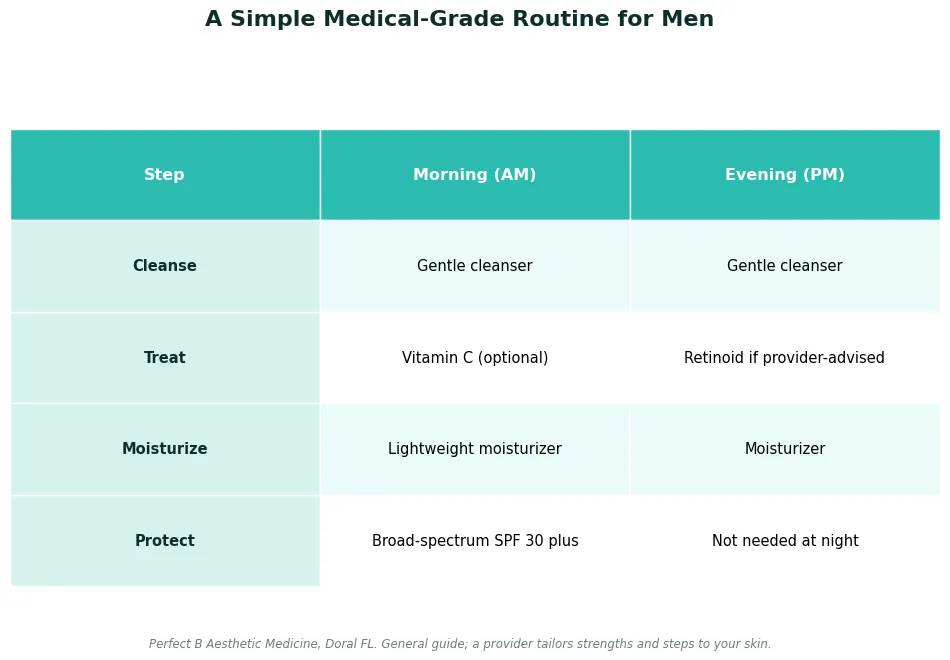 Perfect B - Blog - Men's Skincare - chart of a simple medical-grade morning and evening routine for men