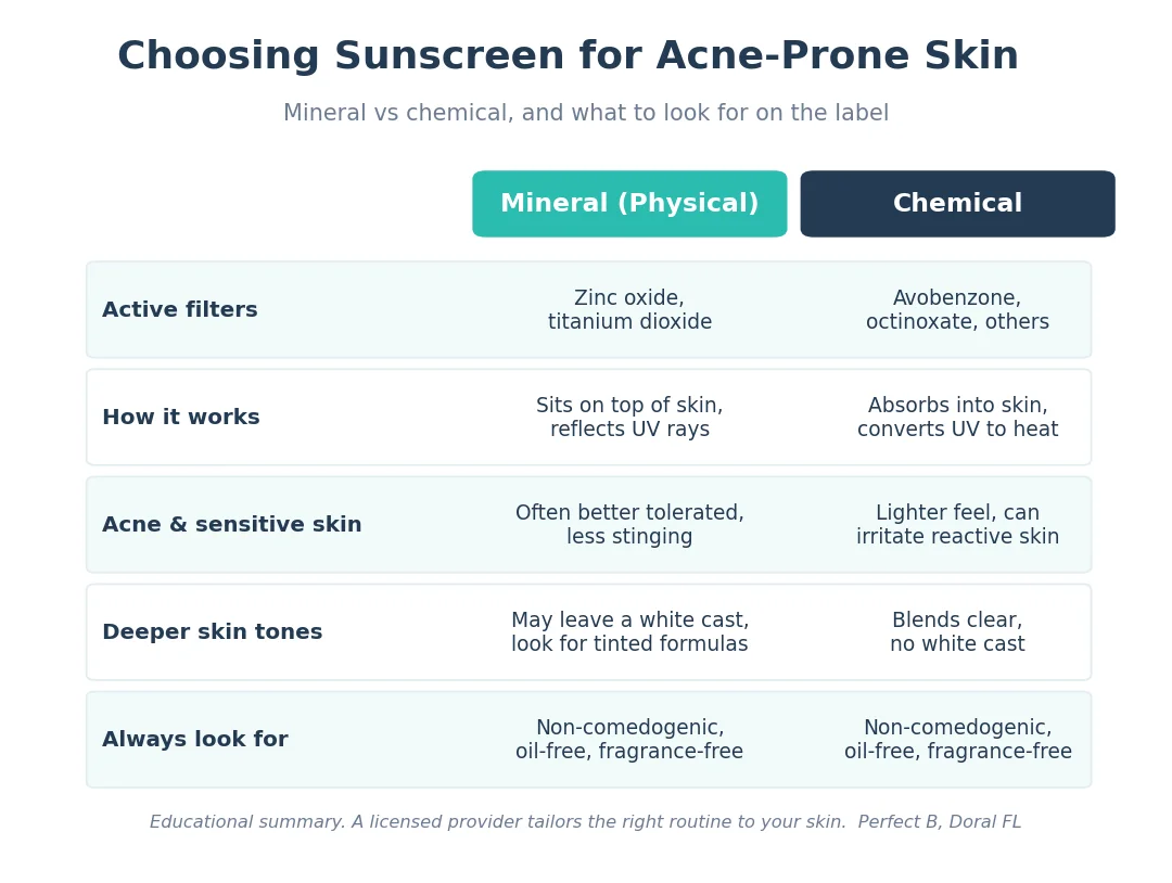 Perfect B - Blog - Non-Comedogenic Sunscreen for Acne-Prone Skin - mineral vs chemical sunscreen comparison chart