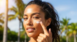 Perfect B - Blog - Non-Comedogenic Sunscreen for Acne-Prone Skin - woman with even skin of color applying sunscreen in the Miami sun