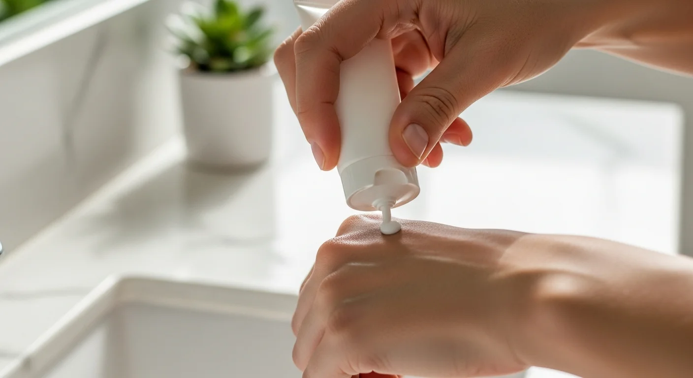 Perfect B - Blog - Non-Comedogenic Sunscreen for Acne-Prone Skin - applying oil-free sunscreen on a bright bathroom counter
