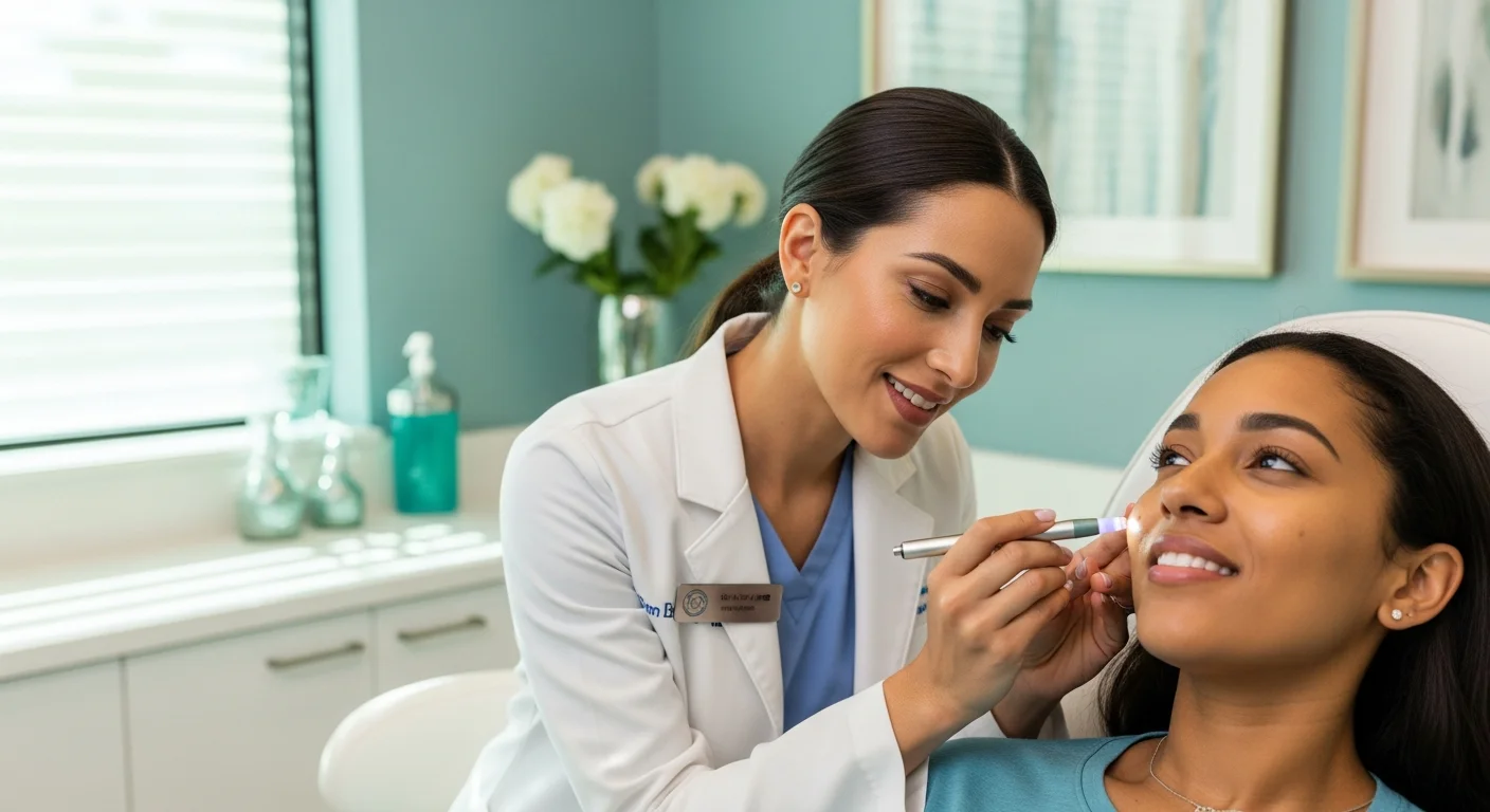 Perfect B - Blog - Non-Comedogenic Sunscreen for Acne-Prone Skin - nurse practitioner checking a patient for dark marks at Perfect B Doral