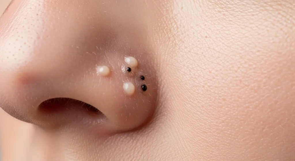 Perfect B - Blog - Whitehead vs Blackhead - Close-up of a nose showing open blackheads and closed whiteheads side by side
