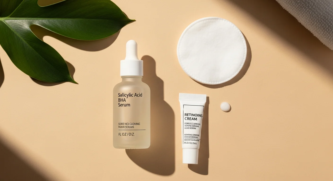 Perfect B - Blog - Whitehead vs Blackhead - Pore-clearing actives salicylic acid BHA and a retinoid on a clean surface