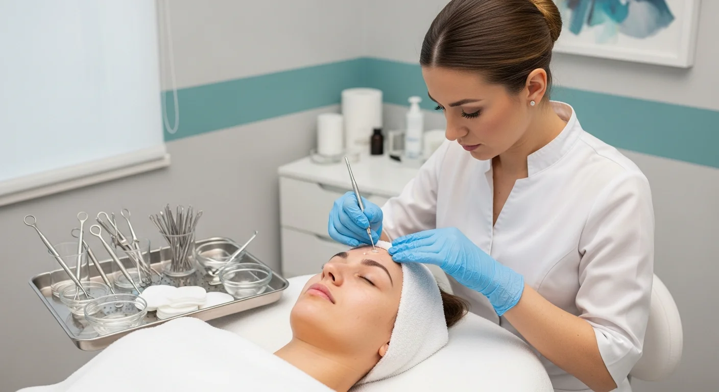 Perfect B - Blog - Whitehead vs Blackhead - Provider performing a professional comedone extraction and peel consultation in Doral