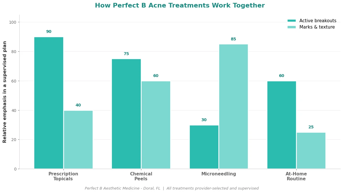Perfect B - Blog - Acne Treatment Coral Gables - chart comparing prescription topicals, chemical peels, and microneedling for acne