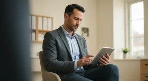 Perfect B - Blog - Biohacking Peptides - a Miami executive reviewing personalized health and performance metrics at a Doral wellness clinic