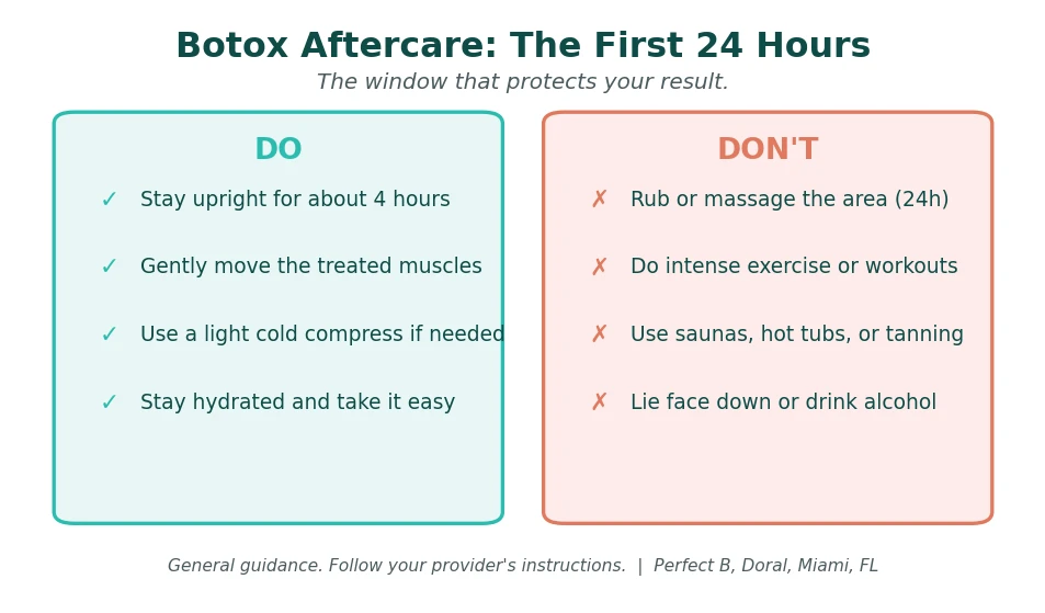 Perfect B - Blog - Botox Aftercare - first 24 hours do and dont chart: do stay upright, move muscles gently, cold compress, hydrate; dont rub, exercise hard, use heat, or drink alcohol