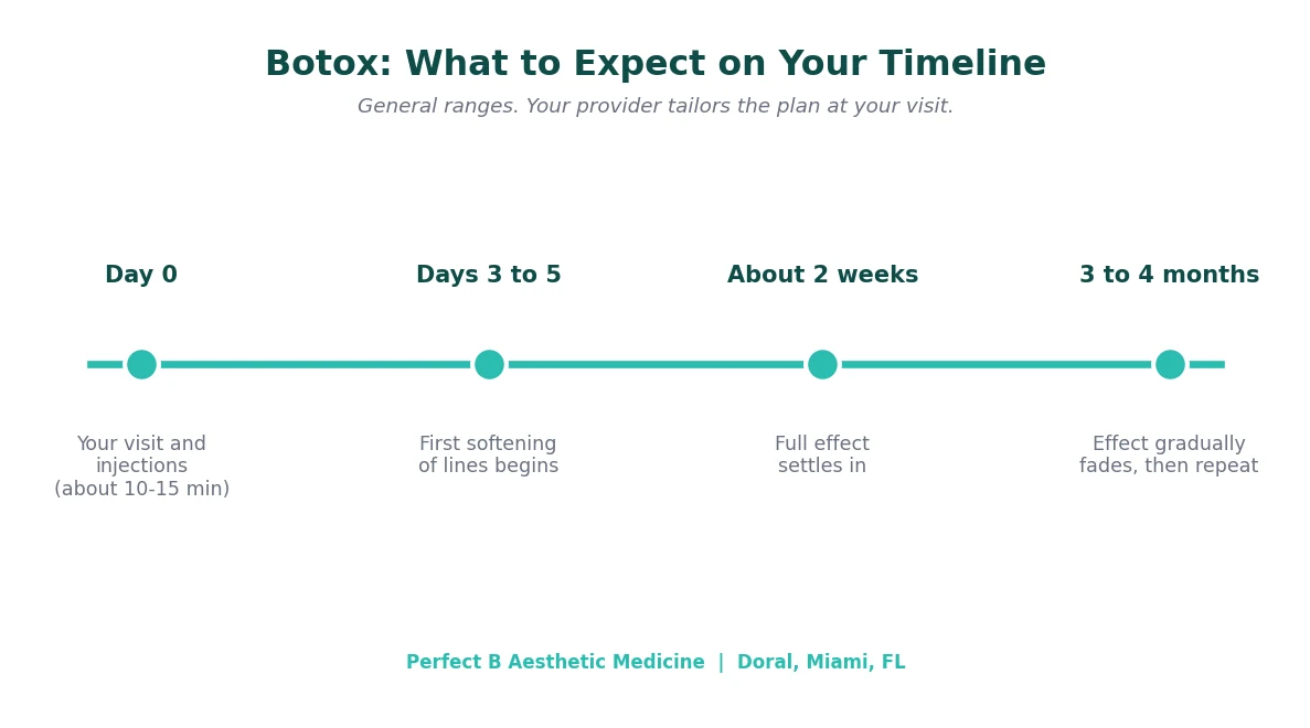 Perfect B - Blog - Botox in Doral - timeline chart showing Botox results appear in 3 to 5 days, full effect at 2 weeks, lasting 3 to 4 months