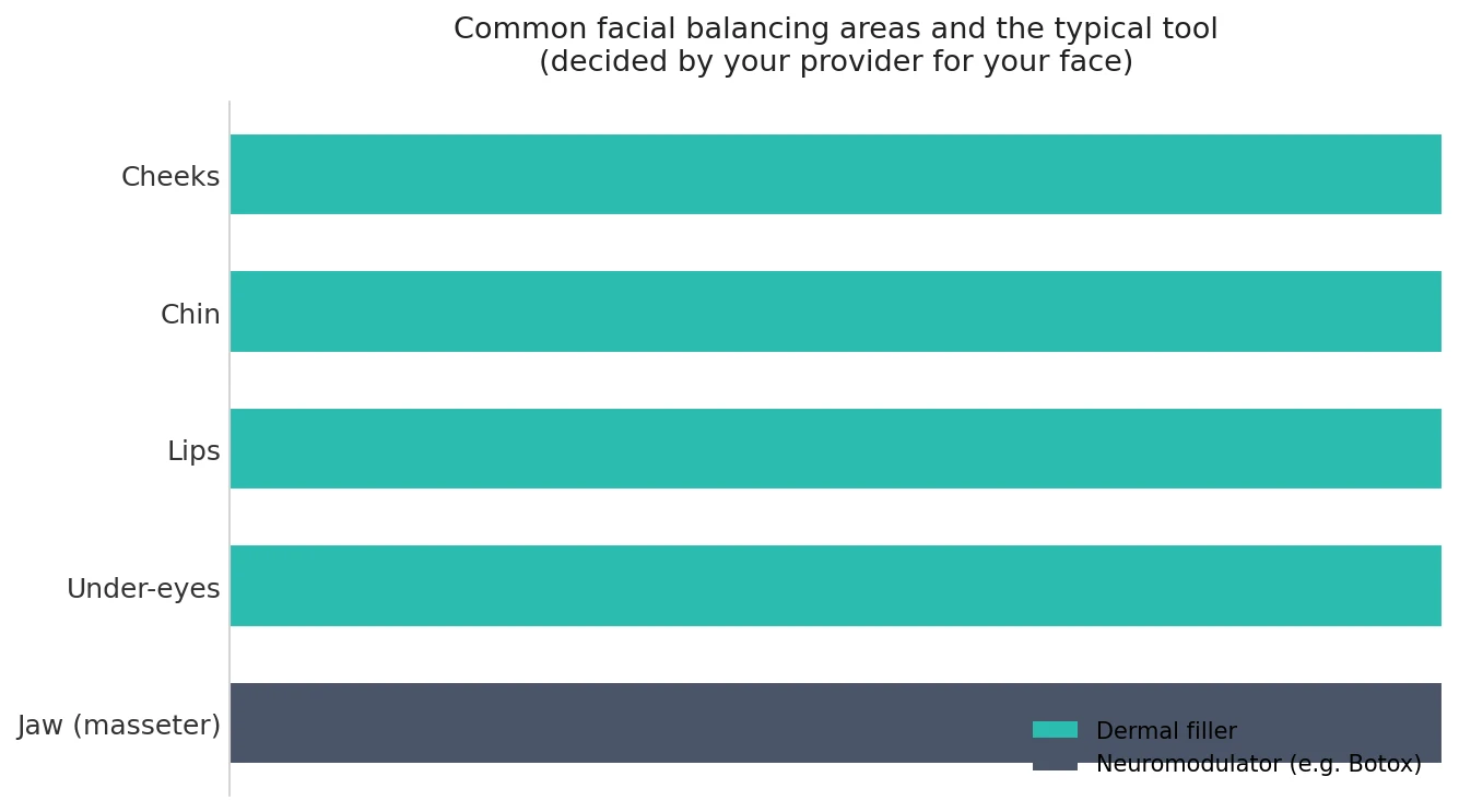 Perfect B - Blog - Facial Balancing - chart matching common facial areas to filler or neuromodulator approaches