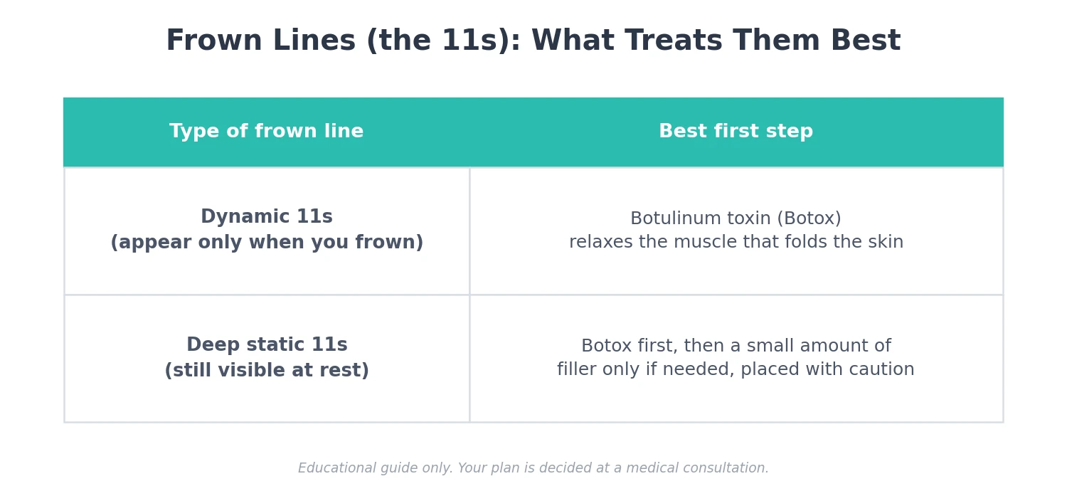 Perfect B - Blog - fillers for frown lines - decision guide showing Botox for dynamic 11s and cautious filler for deep static lines at Perfect B in Doral, Miami, FL