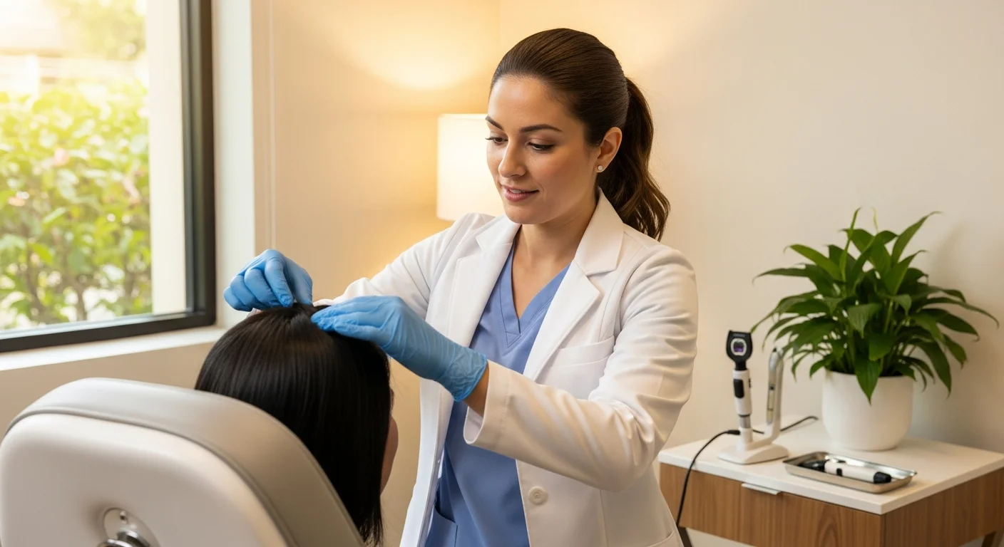 Perfect B - Blog - Ozempic Hair Loss - medical provider examining a patient scalp and hairline in a Doral clinic