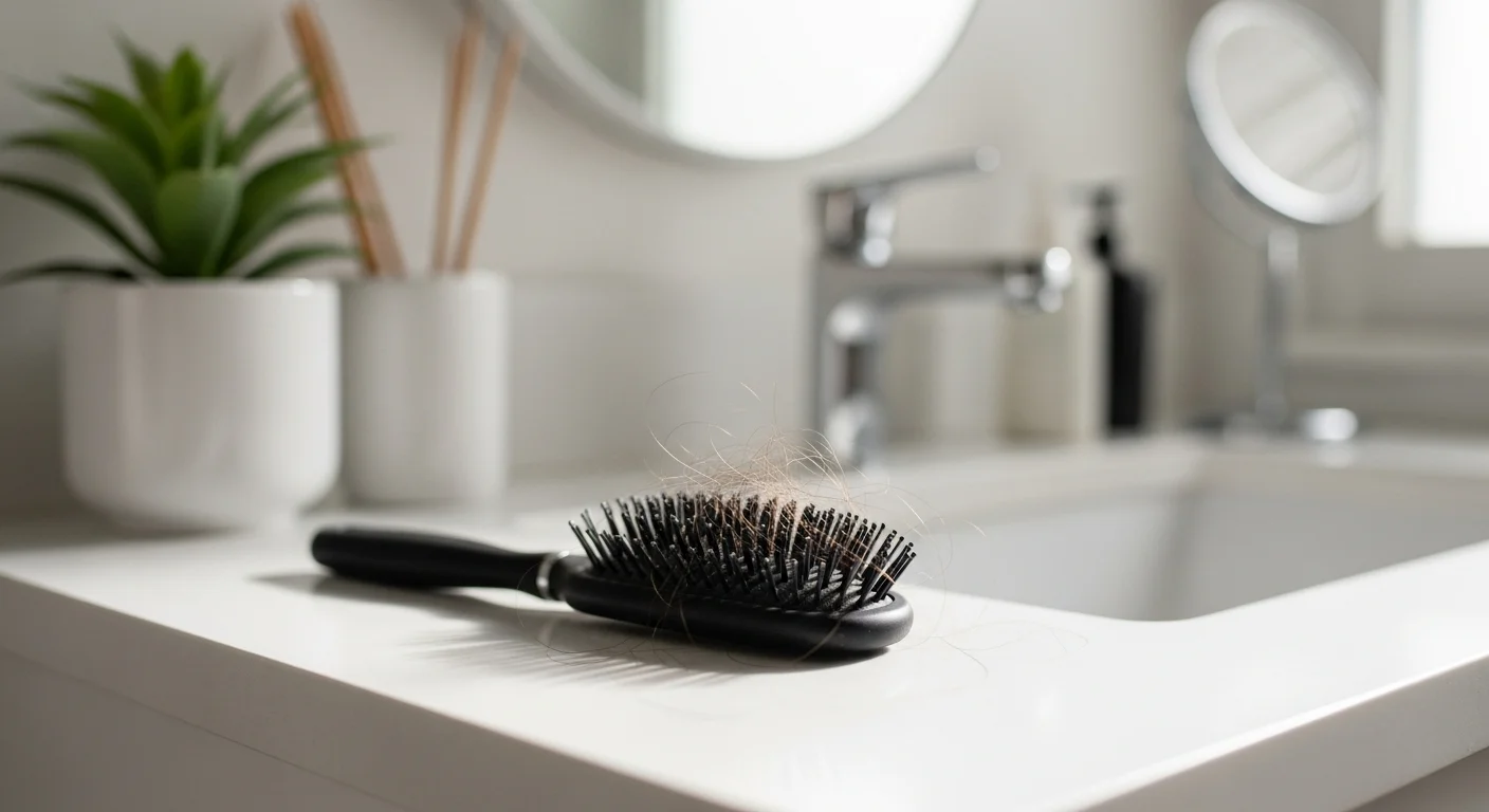 Perfect B - Blog - Ozempic Hair Loss - hairbrush with loose strands on a bathroom counter in soft morning light