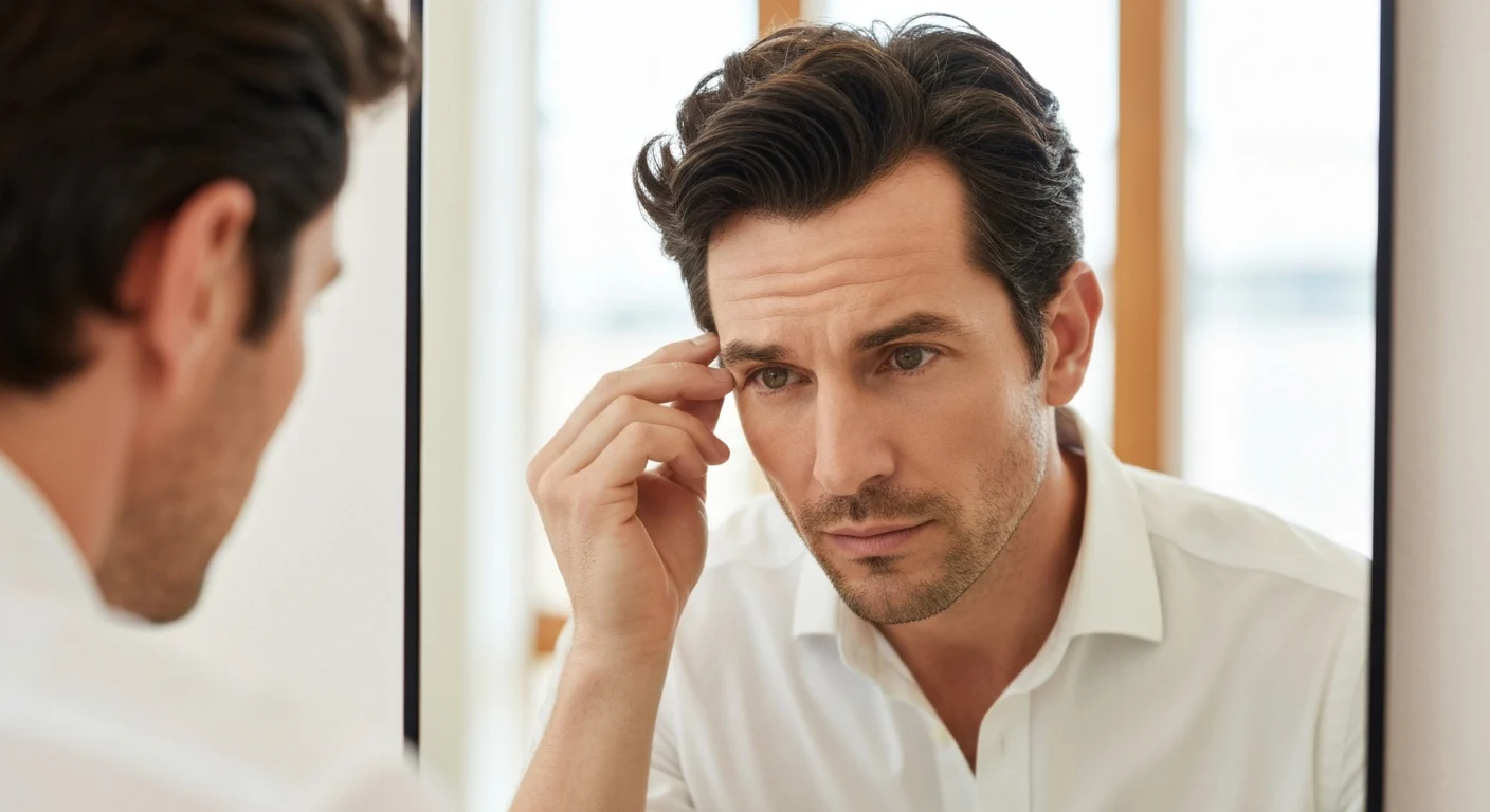 Perfect B - Blog - FUE vs non-surgical hair restoration - man examining his hairline in a mirror at Perfect B in Doral, Miami, FL