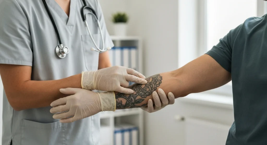 Perfect B - Blog - How Many Sessions Tattoo Removal - provider assessing a patient's tattoo to estimate the number of laser sessions in Doral