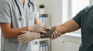 Perfect B - Blog - How Many Sessions Tattoo Removal - provider assessing a patient's tattoo to estimate the number of laser sessions in Doral