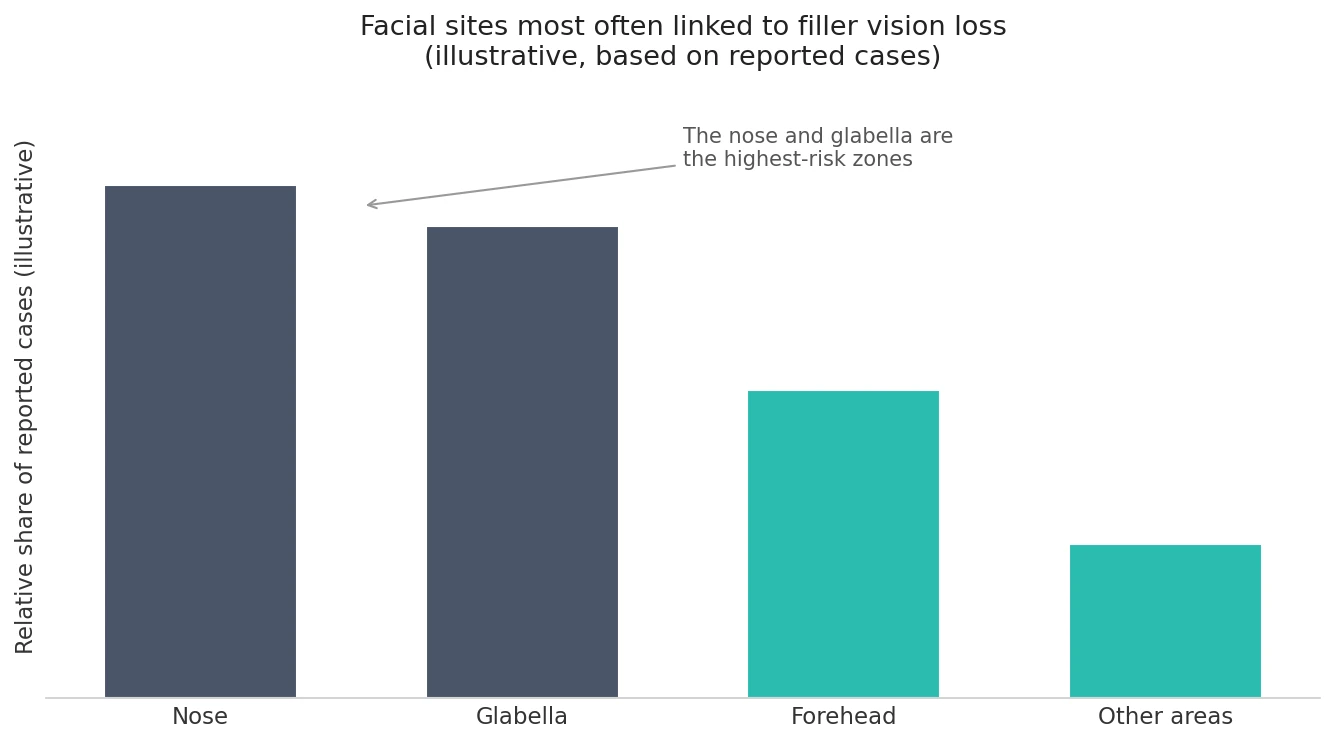 Perfect B - Blog - Liquid Rhinoplasty - chart showing the nose and glabella are the most common facial sites linked to filler vision loss