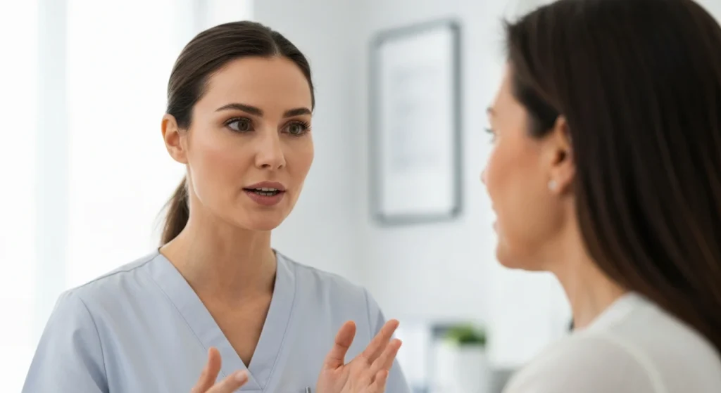 Perfect B - Blog - Liquid Rhinoplasty - provider explaining to a patient why non-surgical nose filler carries serious risk at a Doral clinic