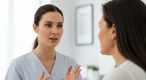 Perfect B - Blog - Liquid Rhinoplasty - provider explaining to a patient why non-surgical nose filler carries serious risk at a Doral clinic