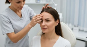 Perfect B - Blog - Non-Surgical Brow Lift - provider assessing a patient's brow position and upper face before injectables in Doral