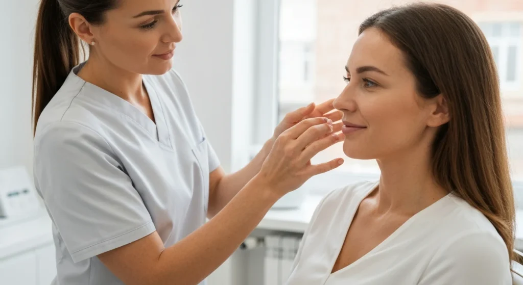 Perfect B - Blog - Nasolabial Fold Filler - provider assessing a patient's mid-face and smile lines before dermal filler in Doral