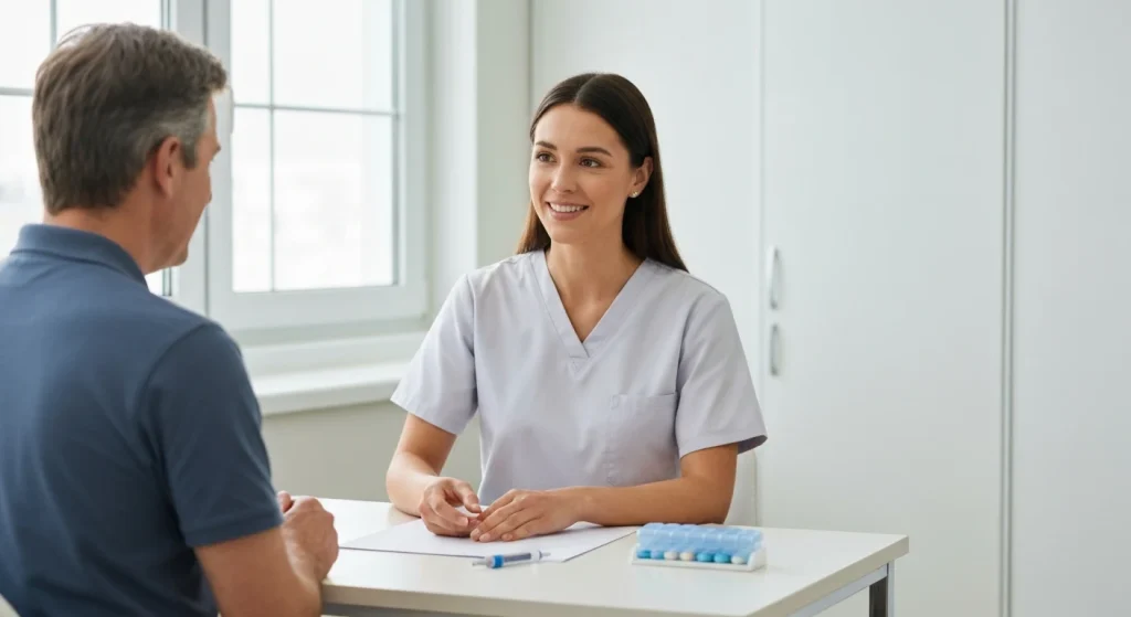 Perfect B - Blog - Oral Semaglutide vs Injectable - provider and patient comparing a daily pill and a weekly injection at a Doral clinic