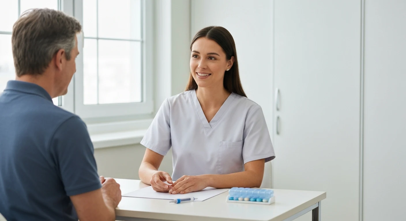 Perfect B - Blog - Oral Semaglutide vs Injectable - provider and patient comparing a daily pill and a weekly injection at a Doral clinic