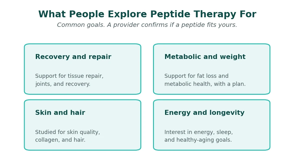 Perfect B - Blog - What Is Peptide Therapy - chart of common goals people explore peptide therapy for: recovery and repair, metabolic and weight, skin and hair, energy and longevity