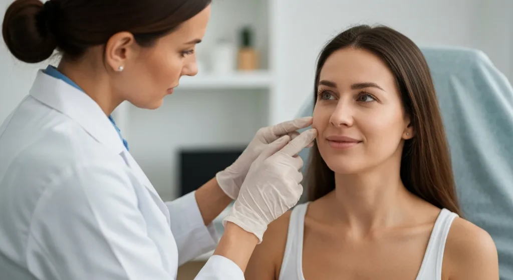 Perfect B - Blog - Pimple Scars - a provider examining a patient's cheek skin to identify the type of acne scars in a Doral clinic