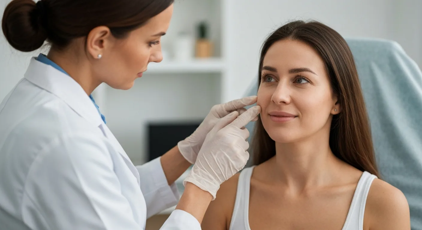 Perfect B - Blog - Pimple Scars - a provider examining a patient's cheek skin to identify the type of acne scars in a Doral clinic
