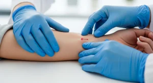 Perfect B - Blog - Red Ink Tattoo Removal - provider assessing a red tattoo before laser removal at a Doral clinic