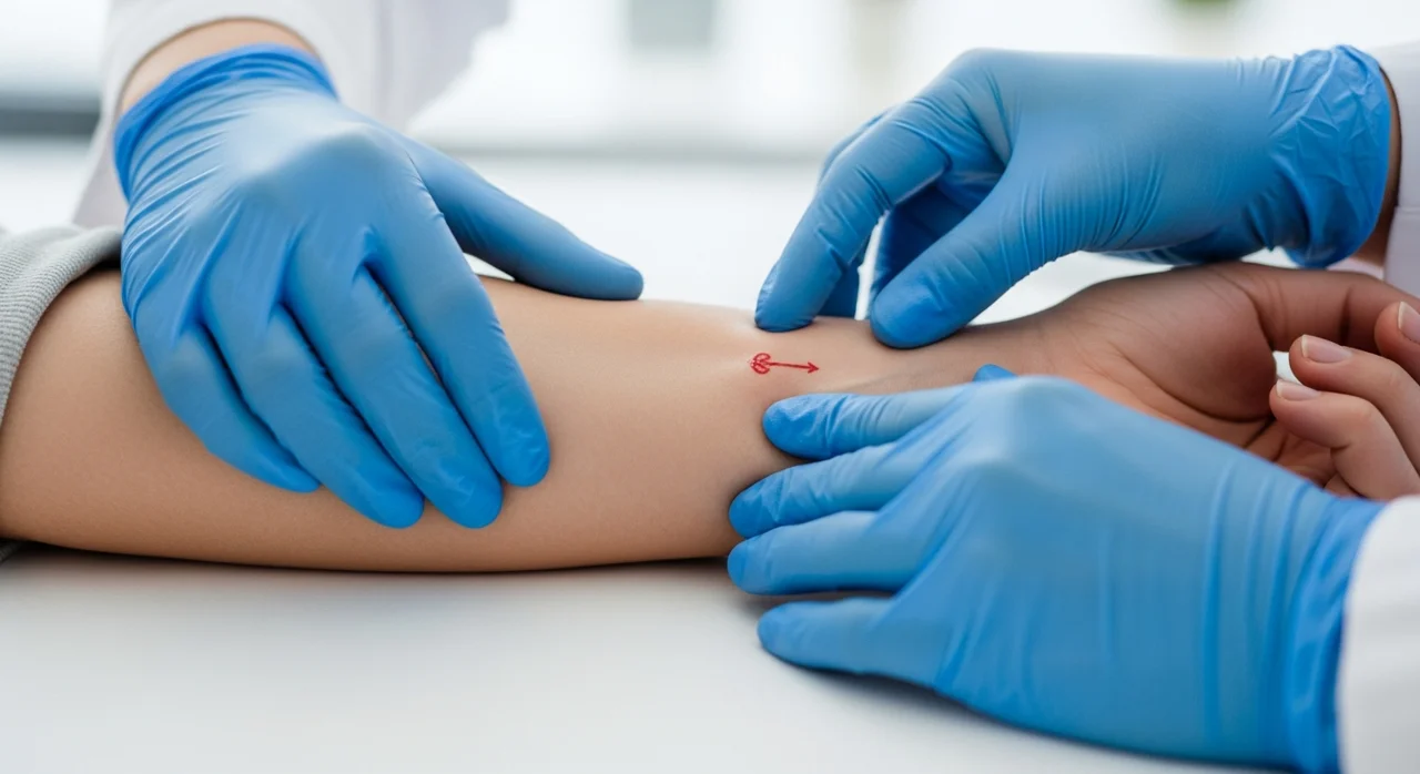 Perfect B - Blog - Red Ink Tattoo Removal - provider assessing a red tattoo before laser removal at a Doral clinic