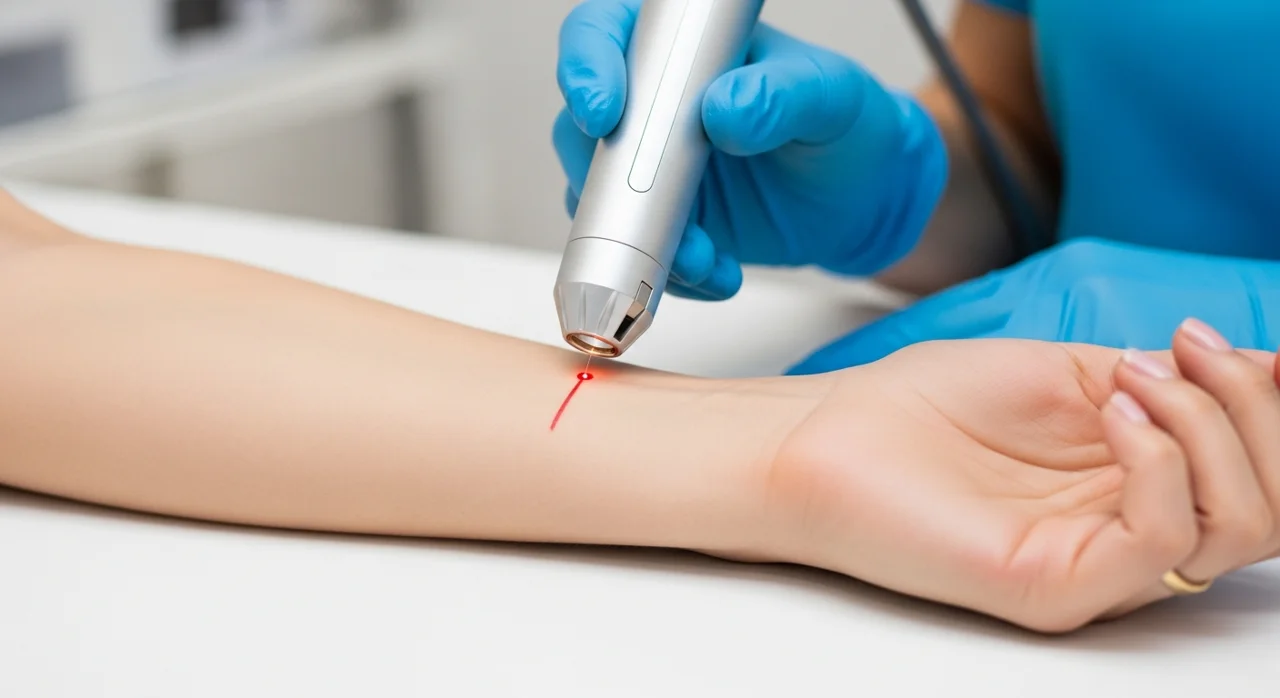 Perfect B - Blog - Red Ink Tattoo Removal - laser test spot on a red tattoo to check the response before full treatment in Doral