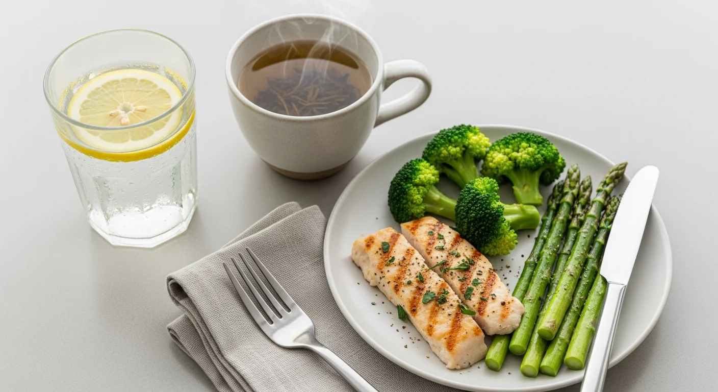 Perfect B - Blog - Ozempic Side Effects - ginger tea, water with lemon, and a small balanced meal on a clean table