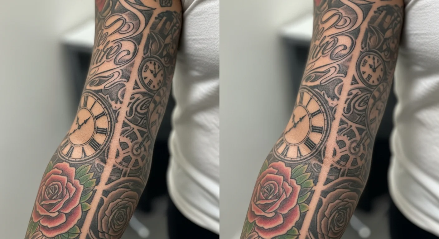 Perfect B - Blog - Sleeve Tattoo Removal - Ink fading progression on darker Fitzpatrick skin tone