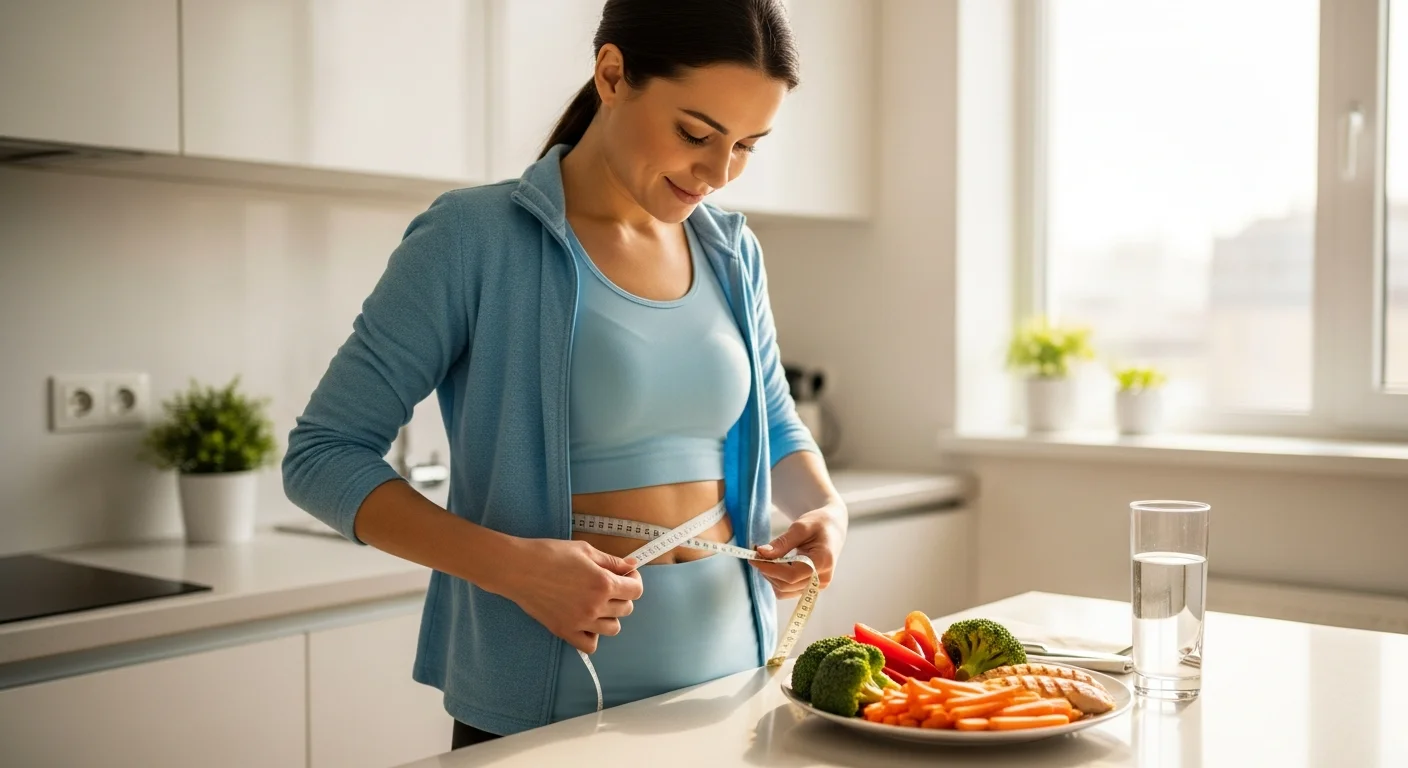 Perfect B - Blog - Compounded Tirzepatide - woman measuring her waist beside a healthy meal in a bright kitchen