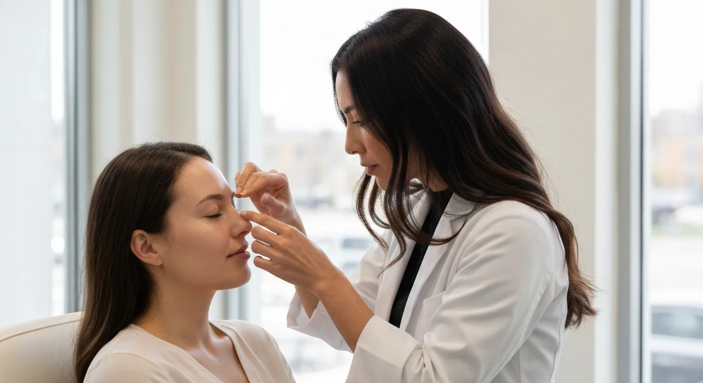 Perfect B - Blog - Under Eye Filler Gone Wrong - a provider assessing a patient's under-eye area to diagnose a filler complication in Doral