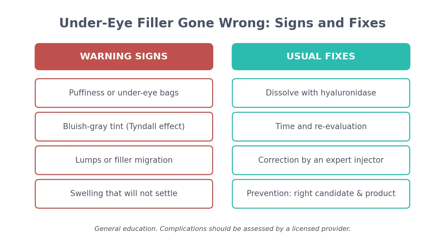 Perfect B - Blog - Under Eye Filler Gone Wrong - chart of warning signs of bad under-eye filler and the usual ways it is fixed
