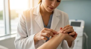 Perfect B - Blog - White Ink Tattoo Removal - provider assessing a light colored tattoo before laser treatment at a Doral clinic