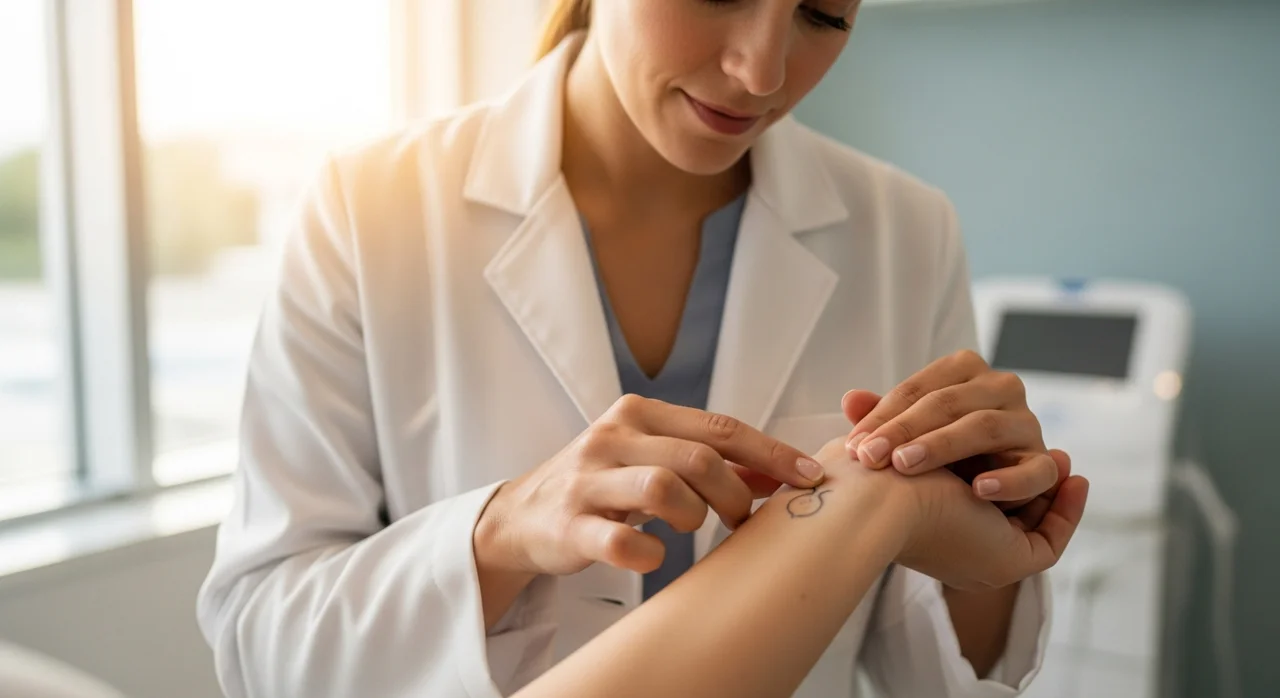 Perfect B - Blog - White Ink Tattoo Removal - provider assessing a light colored tattoo before laser treatment at a Doral clinic
