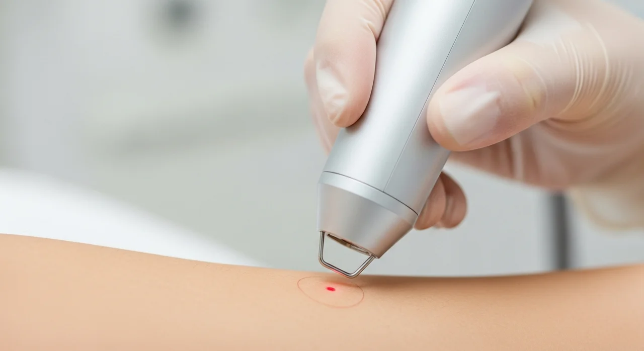 Perfect B - Blog - White Ink Tattoo Removal - laser device performing a small test spot on skin before full tattoo removal in Doral